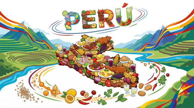 Artistic Peru Gastronomy Map with Traditional Food and Andean Landscape