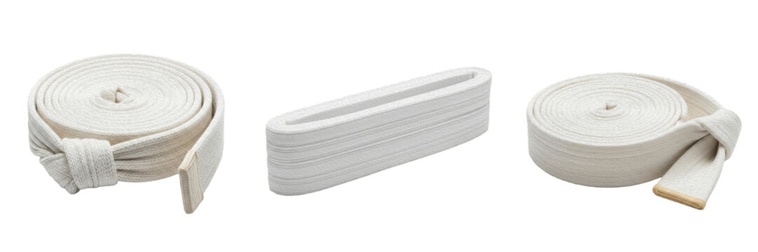 Set of White Martial Arts Belts for Karate Judo Taekwondo isolated on transparent PNG background