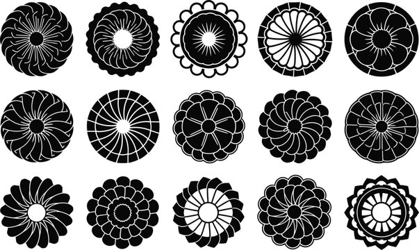 Collection of fifteen black and white circular floral and geometric patterns