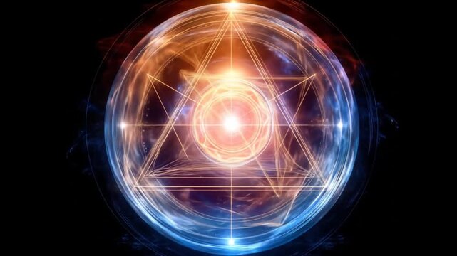 Vibrant Abstract Sacred Geometry Symbol with Glowing Energy Light and Mystical Circles, Sci-Fi Spiritual Concept