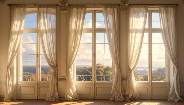 jendela dengan dekorasi tirai yang indah dan cahaya matahari yang menembus indah 