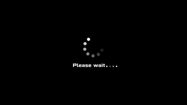 Animation featuring please wait text with spinning dots loading indicator for data synchronization and system status, isolated on black background