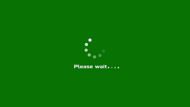 Animation featuring please wait text with spinning dots loading indicator for data synchronization and system status, isolated on green background