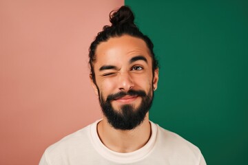 Obraz premium Man with beard and topknot winking and smiling split background