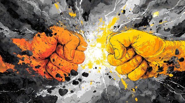 A dramatic illustration of two fists clashing in a burst of colorful energy and paint splatters