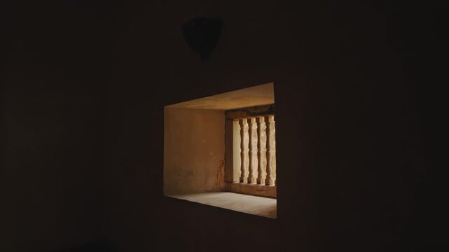 Golden sunbeams illuminate the dusty interior of an old stone building, highlighting the textured wooden balustrade and creating a moody, atmospheric play of light and shadow.