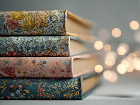 Stack of vintage floral patterned hardcover books with cloth bindings in soft warm lighting and decorative bokeh effect background
