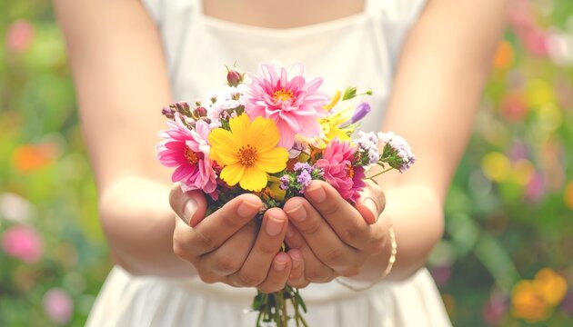 Woman offering bouquet of flowers