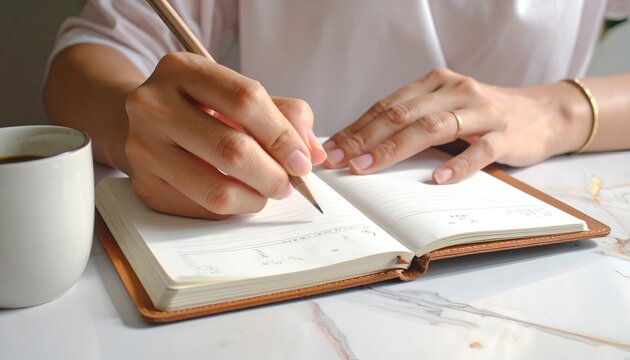 Woman writing in journal at desk