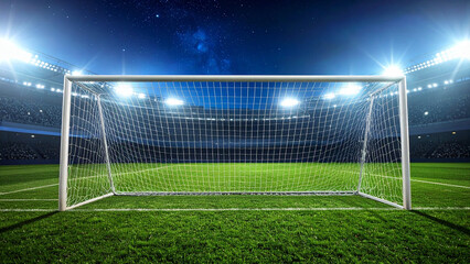 Fototapeta premium Empty Soccer Goal on Illuminated Stadium Pitch at Night