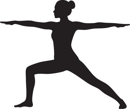 Black Silhouette of Woman in Warrior Two Yoga Pose Isolated Vector