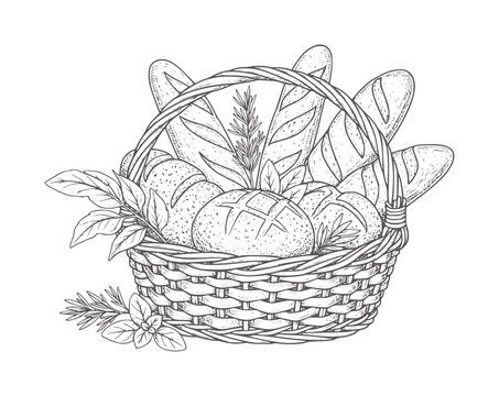 Black and white of a wicker basket filled with bread loaves and herbs