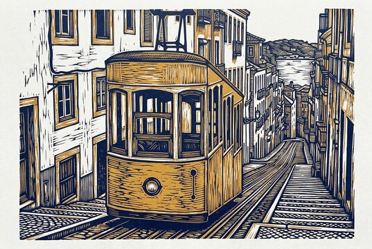Two-color linocut of Bica Funicular (Ascensor da Bica) in Lisbon, Portugal.
