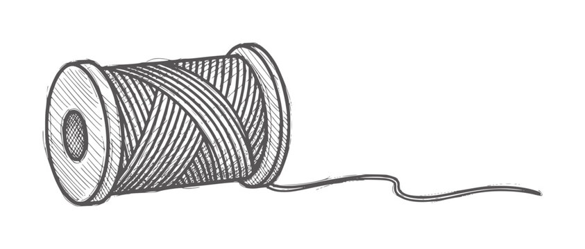 Of a spool of dark gray thread with a loose end sewing needlework craft