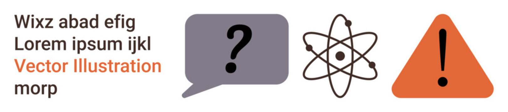 Education, scientific concepts, precautions, learning, problem-solving, and alerts. Question mark in a speech bubble, atom diagram and warning triangle. Education and scientific concepts