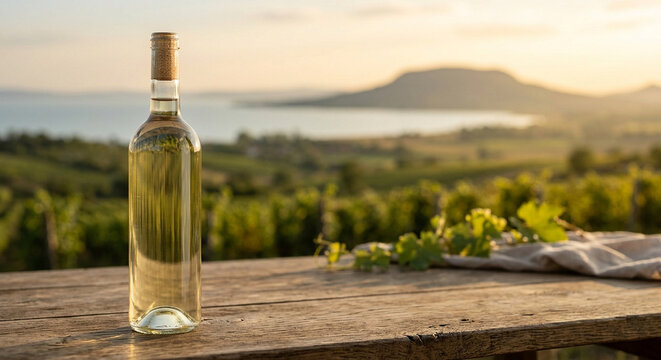 Homemade White Wine in Clear Glass Bottle with Cork, Traditional Wine Storage at Lake Balaton Vineyard