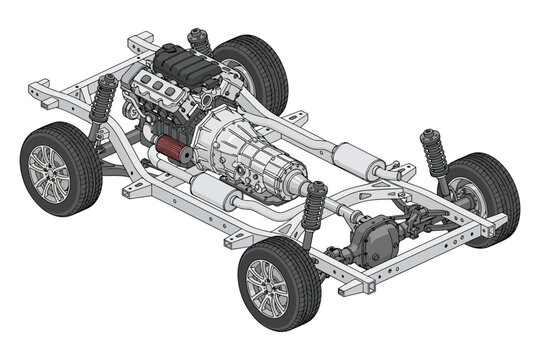 Car Chassis With Engine, Transmission and Suspension Assembly Isometric Illustration for Automotive Engineering