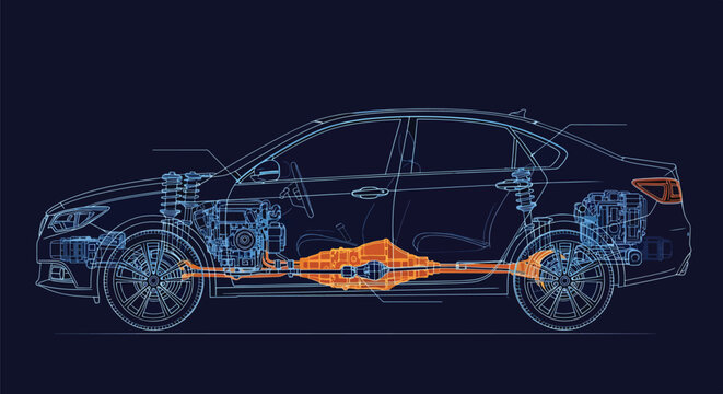 Automotive Drivetrain Illustration Showing Car Chassis, Transmission and Axles in Technical Blueprint