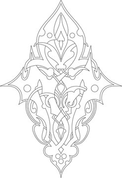 Technical decorative drawing showing vertical ornamental panel with symmetrical arabesque scrolls, pointed motifs and intricate geometric details.