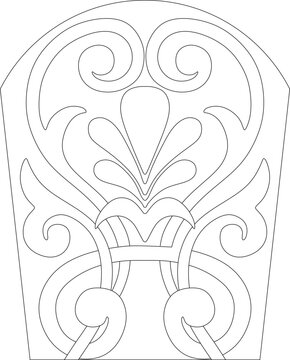 Technical decorative drawing showing vertical ornamental panel with arched top, symmetrical scrolling motifs, palmette design and interlacing bands.