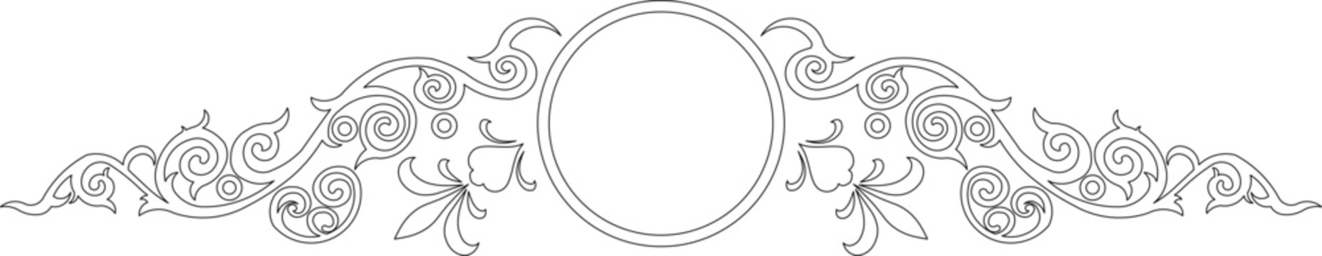 Technical decorative drawing showing horizontal ornamental frieze with central circular medallion and symmetrical scrolling vine or acanthus leaf motifs.