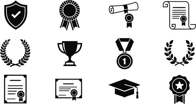 Collection of black silhouette icons representing achievements awards education and recognition