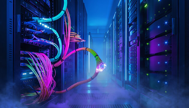 Futuristic server room with colorful fiber optic cables and smoke effect: Concept of data center and high-speed network.
