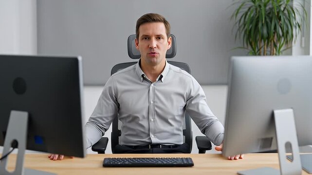 Man sitting at a desk with dual monitors looking at the camera