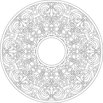 Technical decorative drawing showing a circular ornamental pattern with intricate interlacing knotwork, arabesque motifs and radial symmetry around a central void.