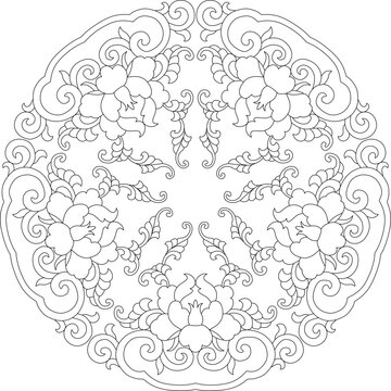 Technical decorative drawing showing circular ornamental pattern with symmetrical floral motifs, scrolling vines and radial design elements.