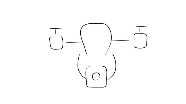 Drone with video camera technology. Contour drawing, silhouett animation. Continuous line. Isolated on white. Video 4k object illustration self-drawing. Object construction. Minimalist continuous line