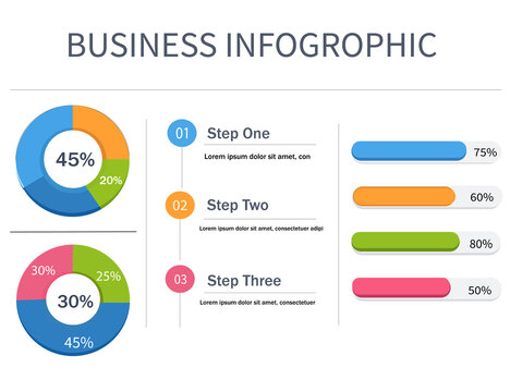 Modern Business Infographic with Donut Charts, Steps and Progress Bars Vector Design
