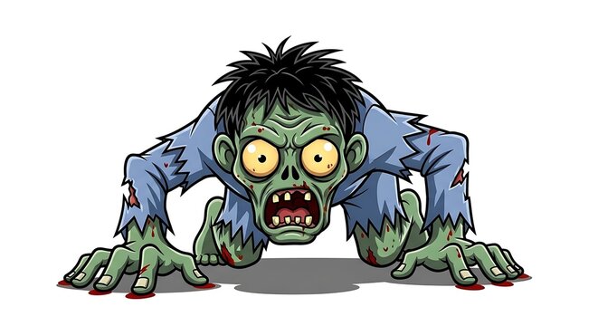 Cartoon zombie crawling on all fours, green skin, bloody clothes, staring with wide eyes