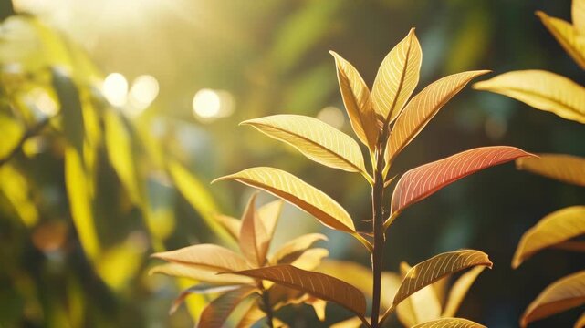 Autumn leaves with golden edges on branches in sunlight.