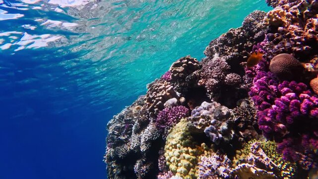 Underwater in the Red Sea off Egypt, the camera drifts along a shallow coral slope as reef fish dart, sunlight ripples shimmer, and vivid purple patches stand out.