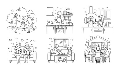 Naklejka premium A minimalist vector graphic illustration of six different family scenes including outdoor activities and home life in a simple line art style