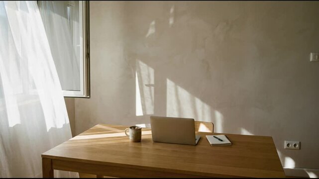 Laptop on a wooden desk by a window with sheer curtains. Remote work setup in a sunny bedroom. Quiet home office workspace for professional freelance lifestyle.