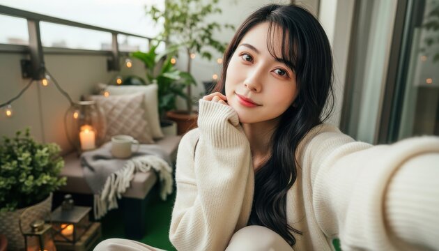 ランタンの灯る夕暮れのバルコニーで自撮りをする女性