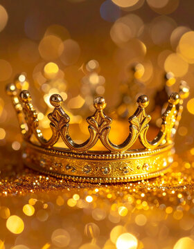 Gold crown on golden glitter surface, luxury and royalty concept, sparkling reflections, symbol of success and power