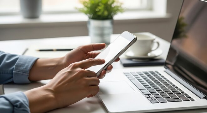 デスクでパソコンの横でスマートフォンを操作する手元