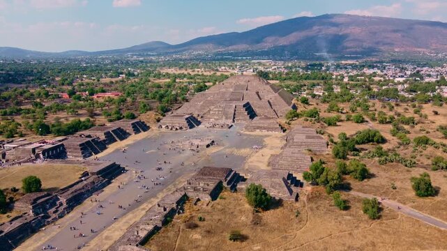 Overhead tilted drone view of pyramid levels and stairway geometry at Teotihuacan, Mexico