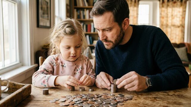 Caucasian father and daughter stacking coins at home. Household finance education teaching child money management and saving strategy for future financial stability.