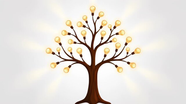 Conceptual idea tree growing from a bare trunk to fully illuminated incandescent light bulbs on its branches, vector illustration