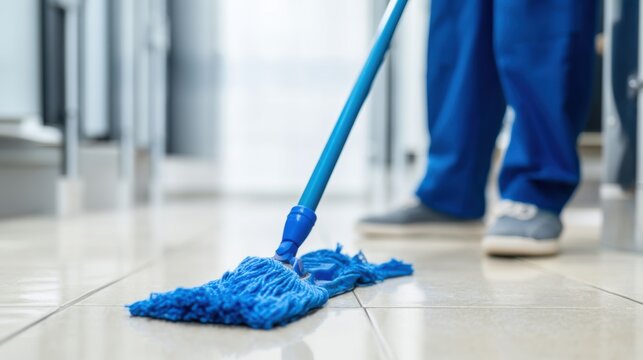 Janitor in blue uniform mops clean tiled floor of a school restroom, showcasing a blue mop and shiny tiles reflecting light in a well-maintained environment