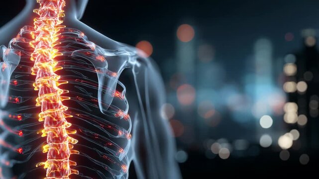 Understanding the human spine structure in a digital 3D model with bright highlights and city background