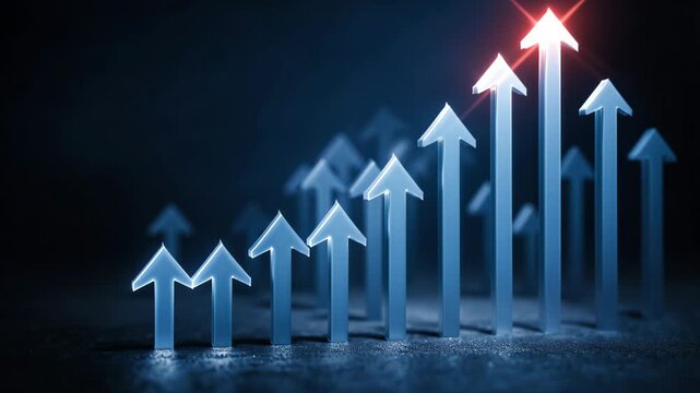 Growth chart shows rising arrows in a dark setting with light effects highlighting progress and trends in data