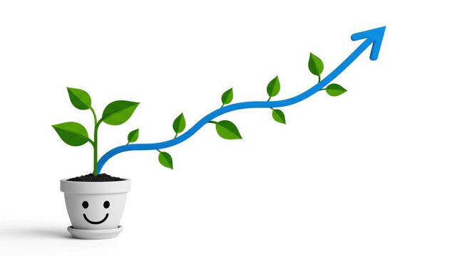 Business growth concept with plant growing along blue arrow from smiley face pot on white background