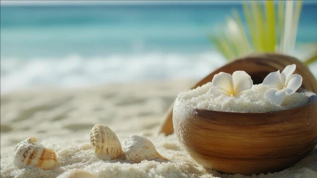 A tropical beach scene with a wooden drum and sea shells
