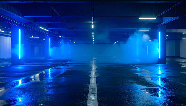 Wide shot of empty underground parking lot with neon blue wall lights, smoke haze filling the space, moody lighting, reflective wet floor