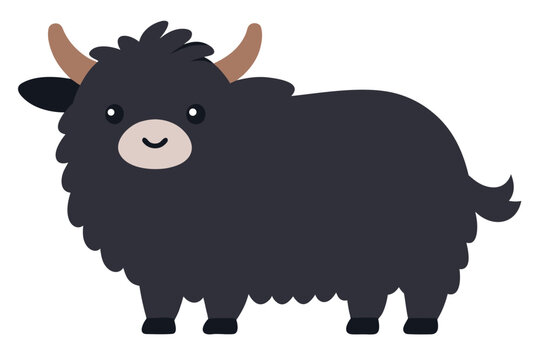 a cute yak standing  flat cartoon style  fluffy bo